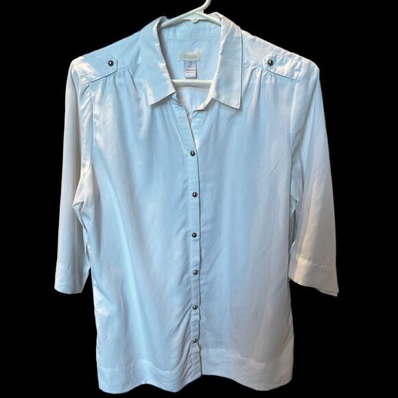 Chico's White blouse Size 1 full metal snap closure, 3/4 sleeve - Picture 1 of 10
